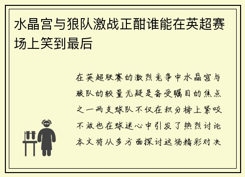 水晶宫与狼队激战正酣谁能在英超赛场上笑到最后